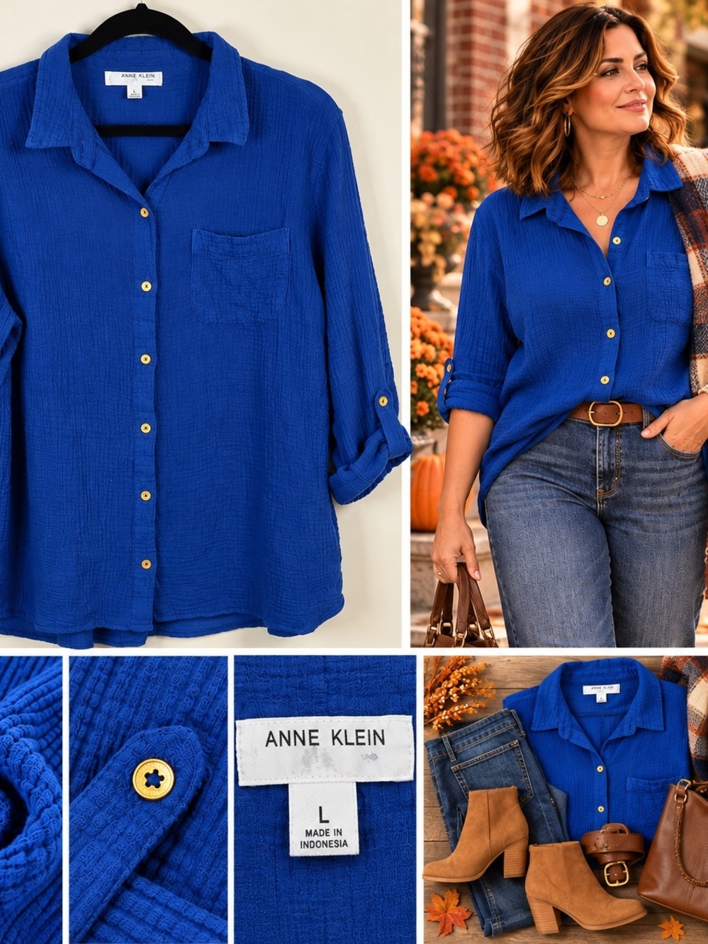 Anne Klein L Blue Cotton Gauze Button Up Shirt Coastal Casual Minimalist
